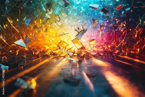 Shattered Glass with Colorful Reflections on Dark Surface