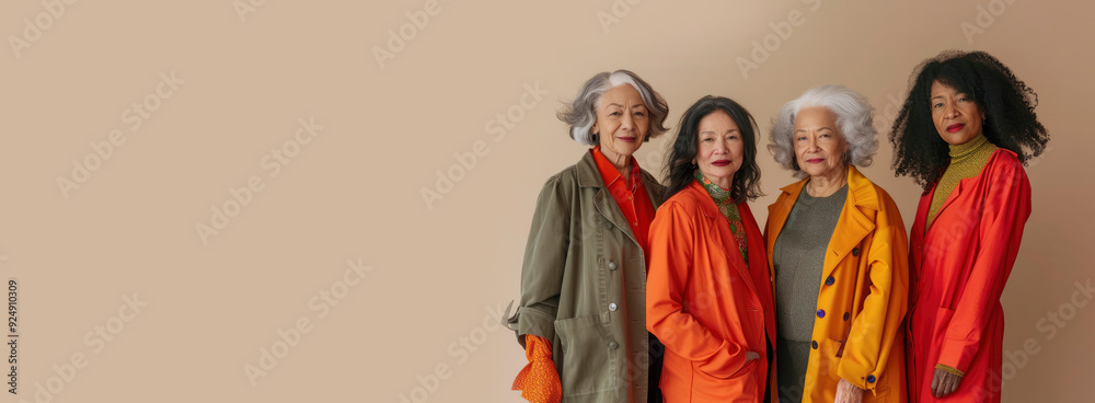 Group portrait of middle-aged women, elderly beautiful ladies of different nationalities, cultures on beige background. Mature women models with different skin and hair colors. Beauty concept Group portrait of middle-aged women, elderly beautiful ladies of different nationalities, cultures on beige background. Mature women models with different skin and hair colors. Beauty concept