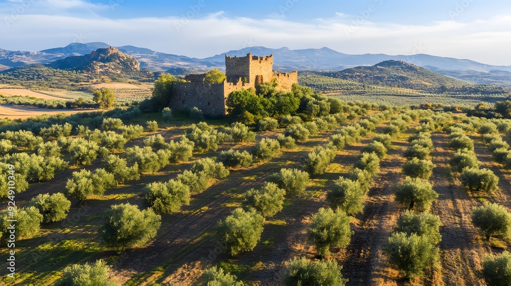 Naklejka premium Spanish Hilltop Castle, Olive Groves, Serene Scenery Panorama