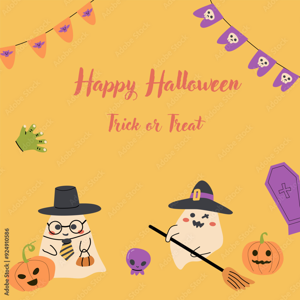Naklejka premium Cute Halloween ghosts party invitation card design. Funny spooky characters in costumes. Childish greeting card for Halloween Day holiday with candy and autumn fall leaves.