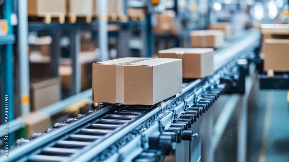 Automated conveyor system transporting cardboard boxes in a modern distribution warehouse. Efficient logistics and packaging process. Automated conveyor system transporting cardboard boxes in a modern distribution warehouse. Efficient logistics and packaging process.