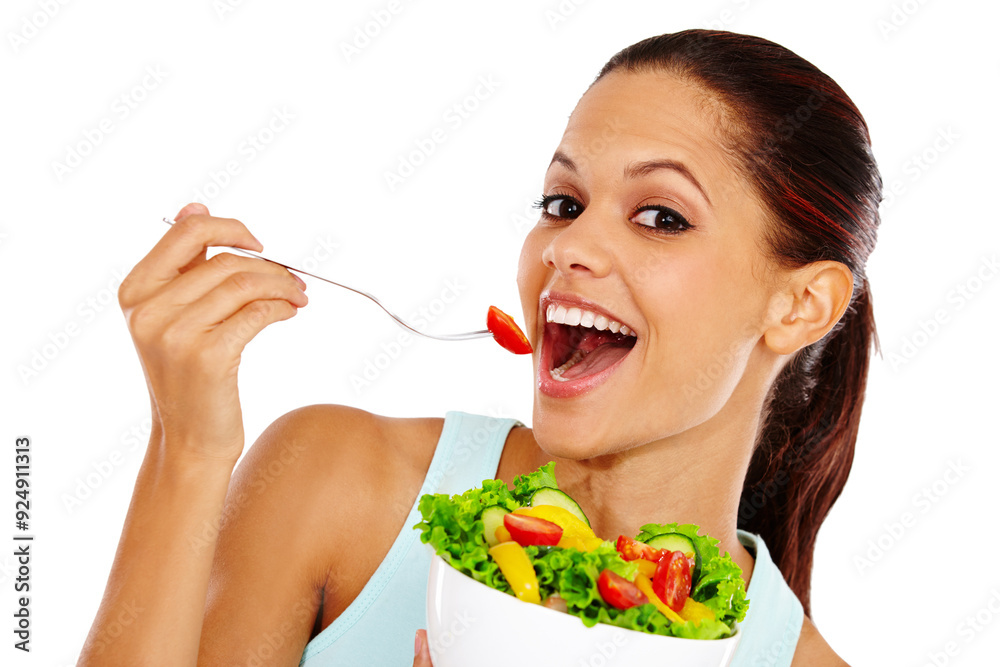 Studio, woman and eating salad with fork for weight loss, vegan diet and metabolism nutrition. Vegetables, smile and person with organic food for immune system, detox and health on white background Studio, woman and eating salad with fork for weight loss, vegan diet and metabolism nutrition. Vegetables, smile and person with organic food for immune system, detox and health on white background
