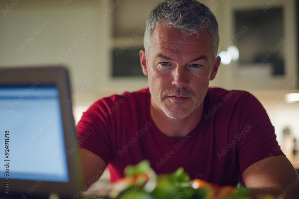 Cooking stressed middle-aged man gazing at computer screen Cooking stressed middle-aged man gazing at computer screen