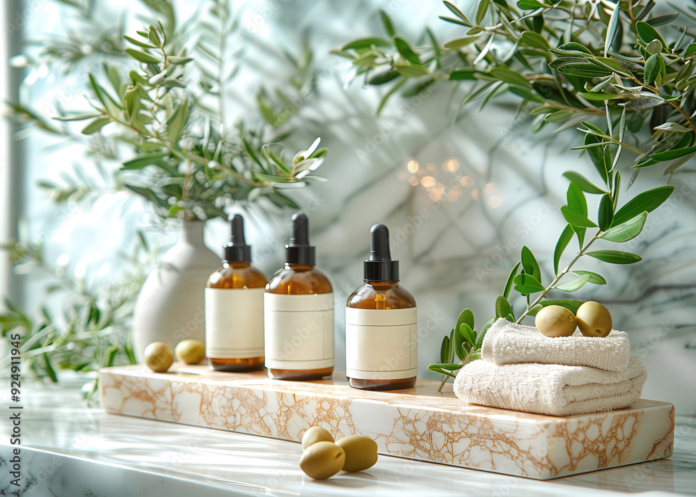 Olive oil based skin care set including lotion, cream, serum, bottles for cosmetics Olive oil based skin care set including lotion, cream, serum, bottles for cosmetics