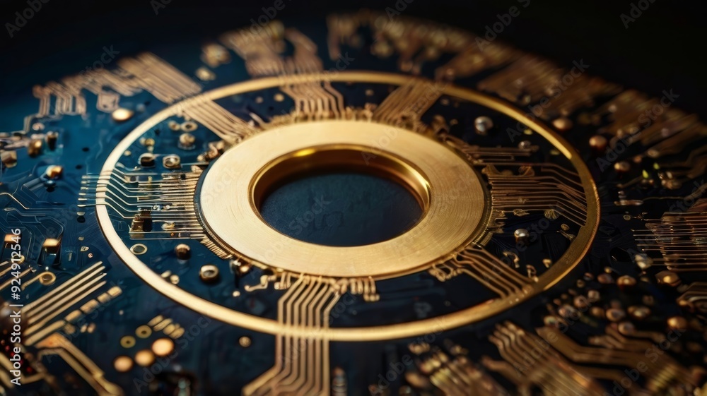 Fototapeta premium Digital circle circuit gold background futuristic tech