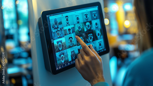 A telephoto angle of a person checking security camera footage on a wall-mounted touchscreen, with the screen showing multiple camera feeds, emphasizing home security and convenien