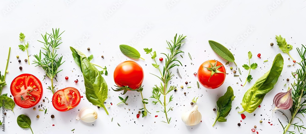 Healthy eating concept depicted with a selection of fresh vegetables and herbs on a white backdrop Ideal for copy space image Healthy eating concept depicted with a selection of fresh vegetables and herbs on a white backdrop Ideal for copy space image