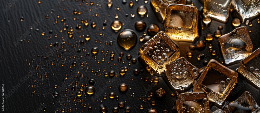 Golden ice cubes displayed on a black backdrop with ample copy space image Golden ice cubes displayed on a black backdrop with ample copy space image