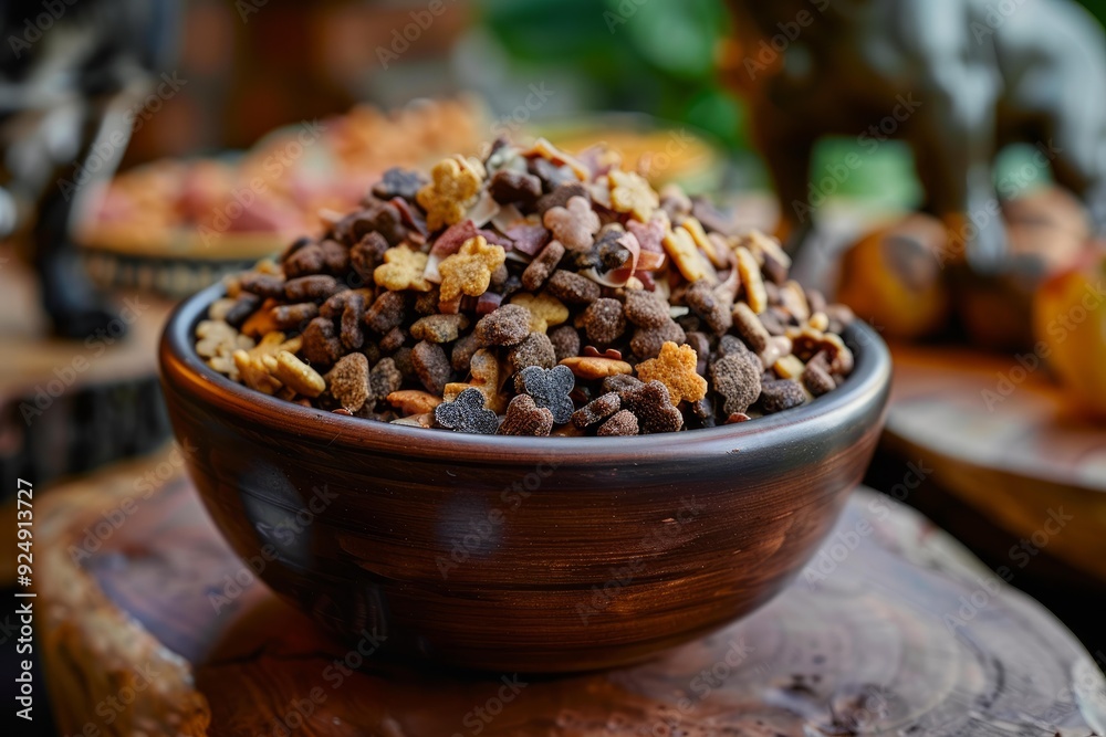 Ceramic bowl is overflowing with dry dog food and sitting on a wood surface Ceramic bowl is overflowing with dry dog food and sitting on a wood surface
