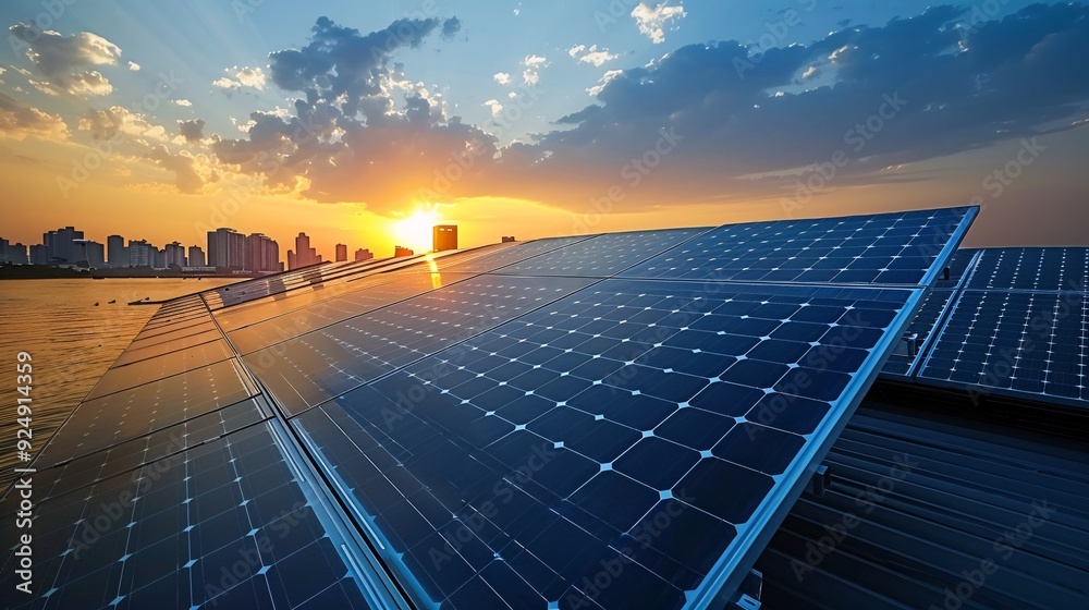 Rooftop Cell Array Solar Cells on a Rooftop: An array of solar cells installed on a modern ...