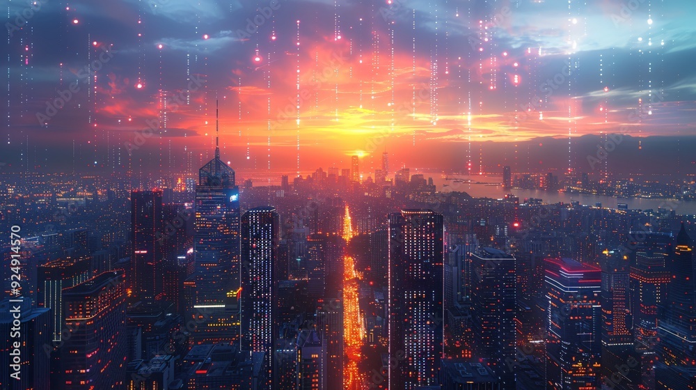 Fototapeta premium Solar Cells in a Futuristic Cityscape: Solar cells integrated into the architecture of a futuristic city, powering the buildings and infrastructure.