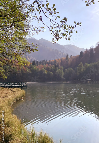 Karagöl, Borçka, Artvin, Turkey - 14 October 2021. Autumn view from Karagöl in Borçka district of Artvin province. Borcka Karagol Nature Park. The forest scene reflected in the still lake.