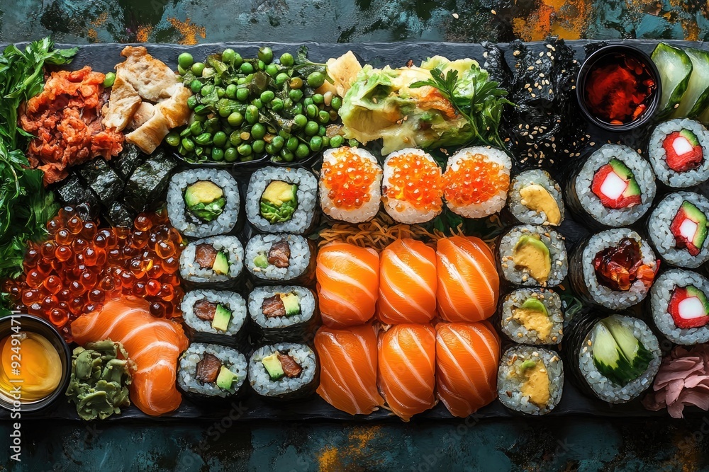 Assorted Sushi Rolls and Nigiri with Vegetables and Soy Sauce Assorted Sushi Rolls and Nigiri with Vegetables and Soy Sauce