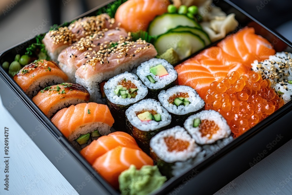 Assorted Sushi Rolls and Sashimi in a Black Takeout Box Assorted Sushi Rolls and Sashimi in a Black Takeout Box