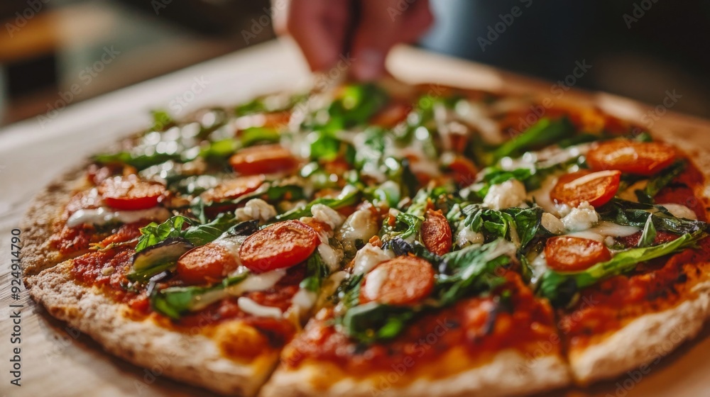 A fresh vegetable pizza topped with tomatoes, spinach, and cheese is being sliced at a busy restaurant. A fresh vegetable pizza topped with tomatoes, spinach, and cheese is being sliced at a busy restaurant.