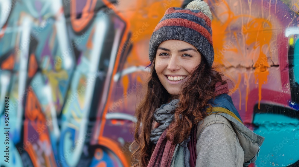 Joyful girl wearing a beanie poses near colorful graffiti artwork Joyful girl wearing a beanie poses near colorful graffiti artwork