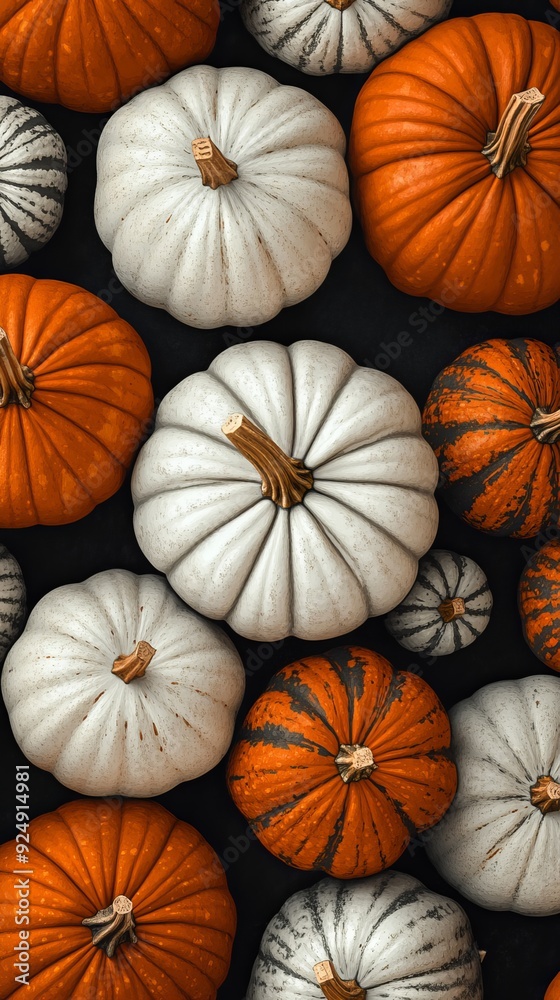 Orange and white pumpkins forming autumn background Orange and white pumpkins forming autumn background