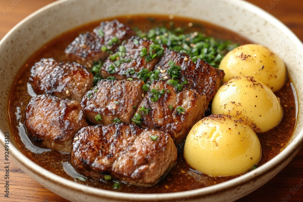 Bowl of Grilled Beef and Potatoes with Sauce Bowl of Grilled Beef and Potatoes with Sauce