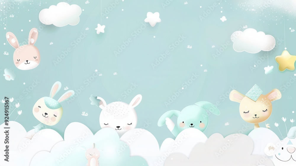 A cute background with pastel-colored elements, including adorable cartoon animals, whimsical clouds, and playful shapes, all set against a soft, baby blue sky, perfect for children's themes or A cute background with pastel-colored elements, including adorable cartoon animals, whimsical clouds, and playful shapes, all set against a soft, baby blue sky, perfect for children's themes or