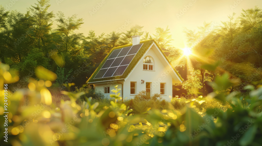 White eco friendly house green roof, solar panels, sitting garden, ecological. Conservation nature