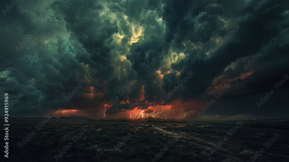 Fototapeta premium A dramatic sky background with dark storm clouds, lightning illuminating the scene, and a sense of impending weather changes, adding a dramatic and powerful element to the visual