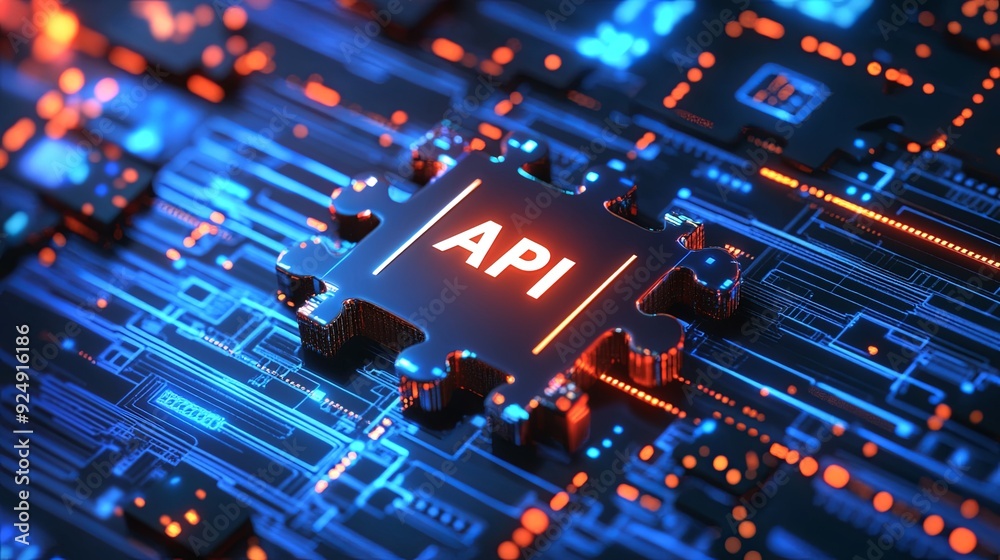 glowing API symbol oncircuit board, representing technology and connectivity.image conveyssense of innovation and digital advancement. 
