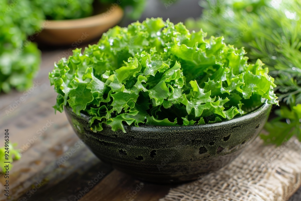 Fresh green salad leaves are overflowing a black bowl on a rustic table Fresh green salad leaves are overflowing a black bowl on a rustic table
