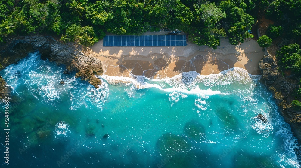 Solar Cells in a Seaside Setting: Solar cells installed near the coastline, with waves crashing in the background. Solar Cells in a Seaside Setting: Solar cells installed near the coastline, with waves crashing in the background.