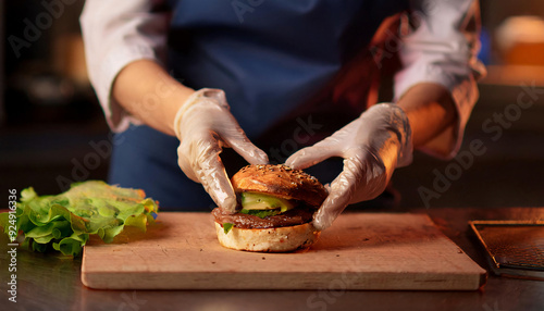 Close-up of professional female chef preparing burgers indoors in restaurant kitchen.  photo