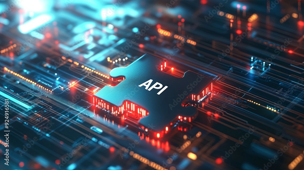 glowing puzzle piece labeled API ondigital circuit board, symbolizing technology and connectivity.image conveyssense of innovation and integration. glowing puzzle piece labeled API ondigital circuit board, symbolizing technology and connectivity.image conveyssense of innovation and integration.