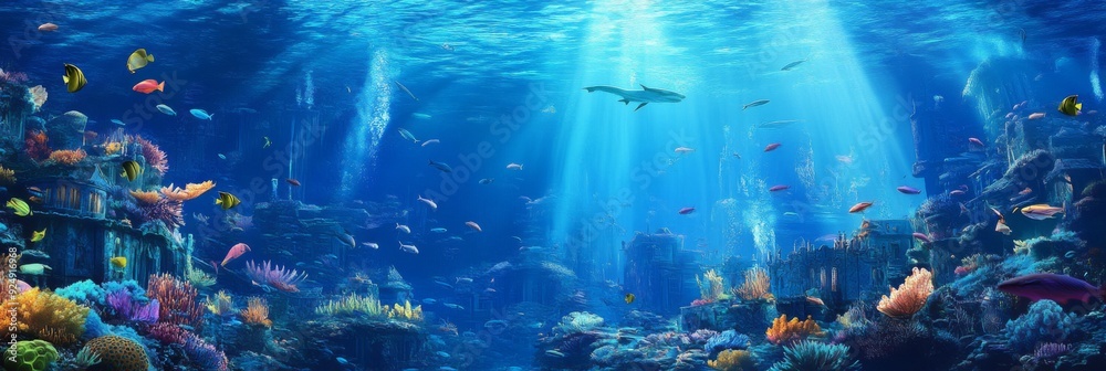 Fototapeta premium Enchanted Underwater City: A Fantasy Realm of Coral Castles and Prismatic Fish Schools in Anime Aesthetic, storybook illustrations, comic strips, book illustrations and picture books,Abstract concepts