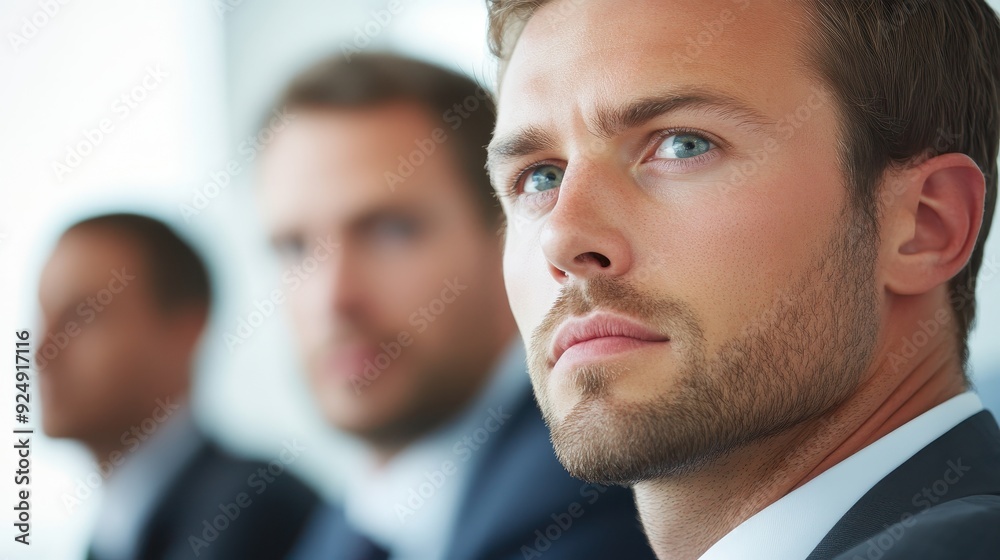 A man with a beard and blue eyes is sitting in a meeting with two other men A man with a beard and blue eyes is sitting in a meeting with two other men