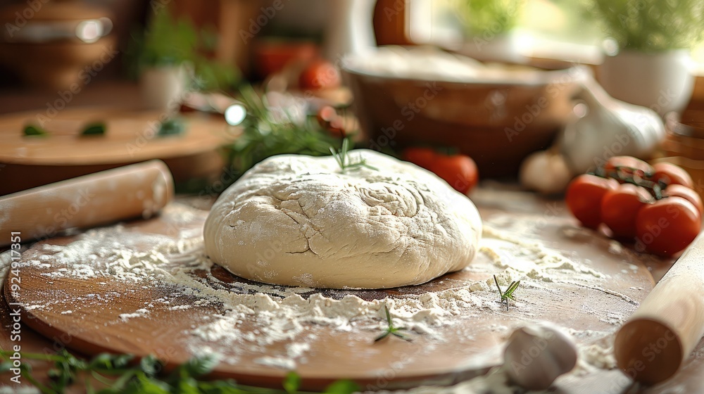 A pizza dough on the kitchen table, with a rolling pin and bowl in the background. The focus is on an oversized ball of white pizza dough. Generative AI. A pizza dough on the kitchen table, with a rolling pin and bowl in the background. The focus is on an oversized ball of white pizza dough. Generative AI.