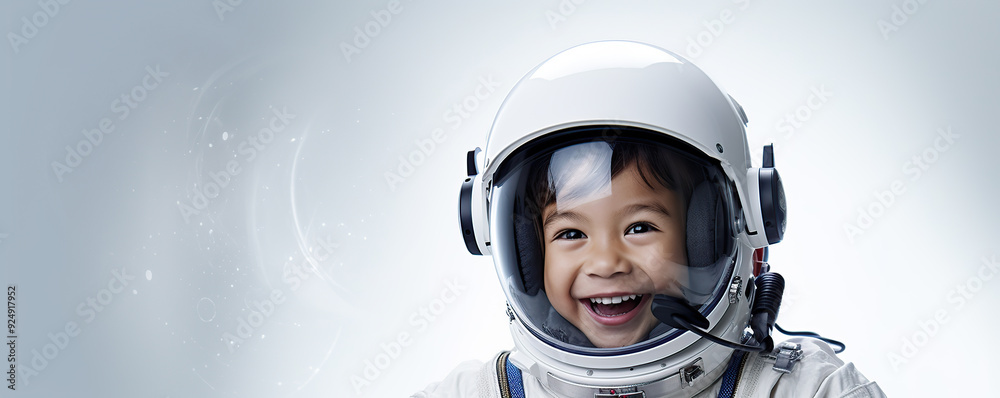 A joyful child dressed as an astronaut smiles, showcasing excitement for space exploration in a bright setting A joyful child dressed as an astronaut smiles, showcasing excitement for space exploration in a bright setting