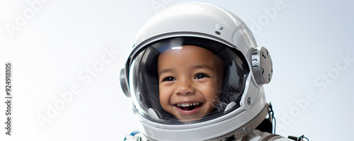 A joyful child dressed as an astronaut smiles, showcasing excitement for space exploration in a bright setting