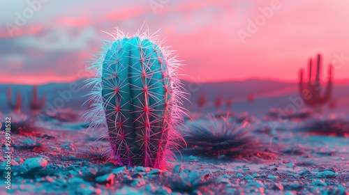 Digital Vaporwave Cactus in a Desert Landscape with Glowing Spines. photo