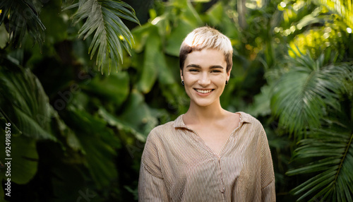 Young smiling woman with a model face standing in botanical garden photo