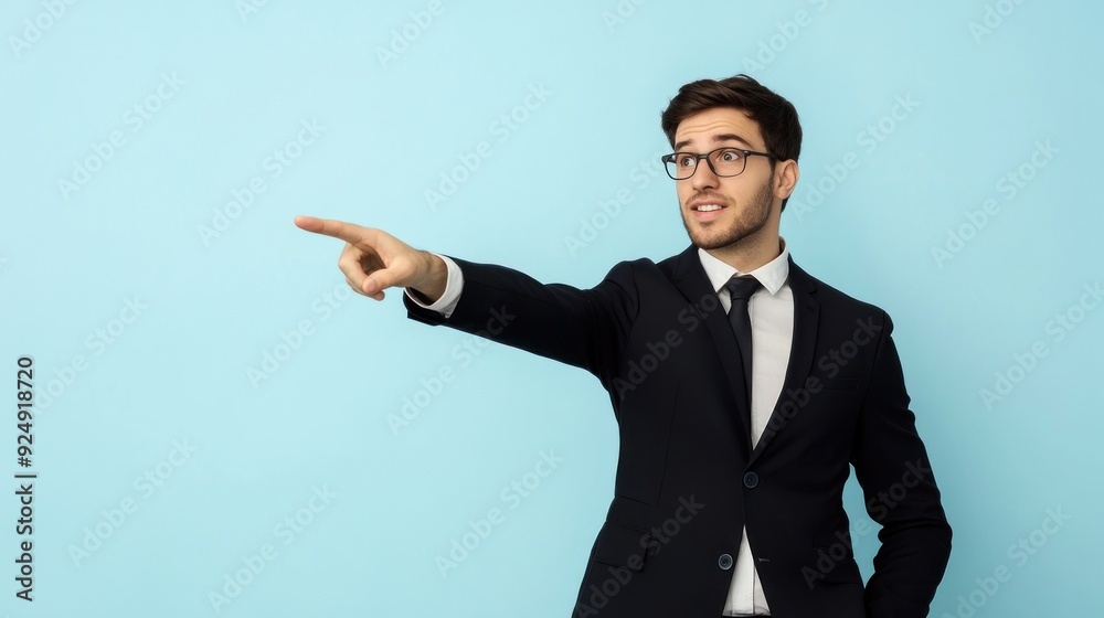 Man in black suit and glasses pointing to side Man in black suit and glasses pointing to side