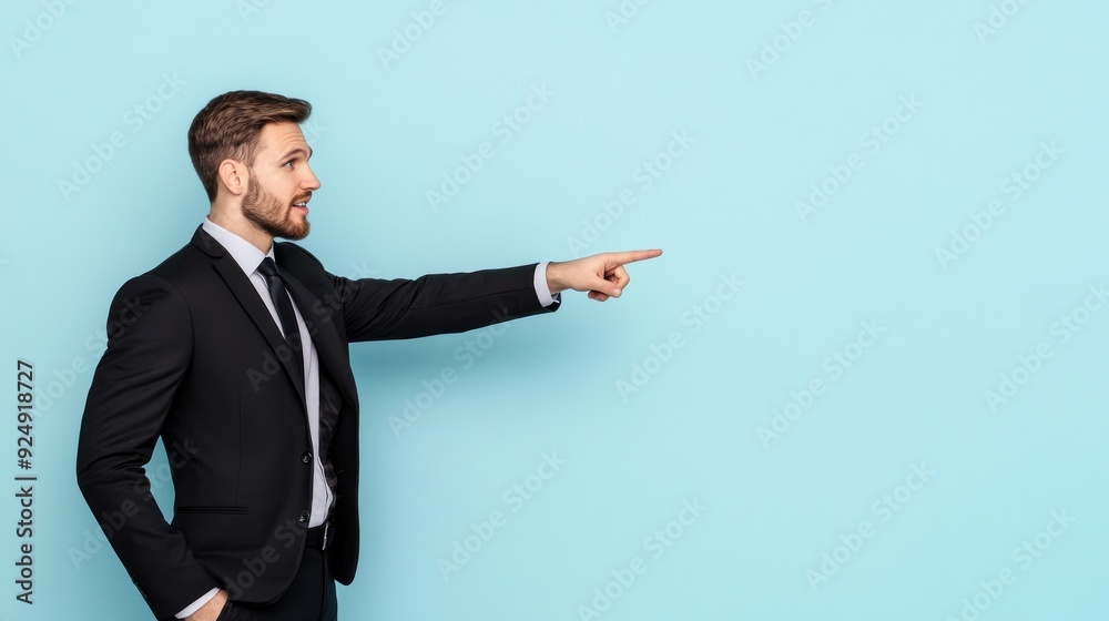 Businessman points to the side on a blue background. Businessman points to the side on a blue background.
