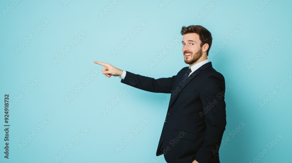 Man in black suit pointing to his left