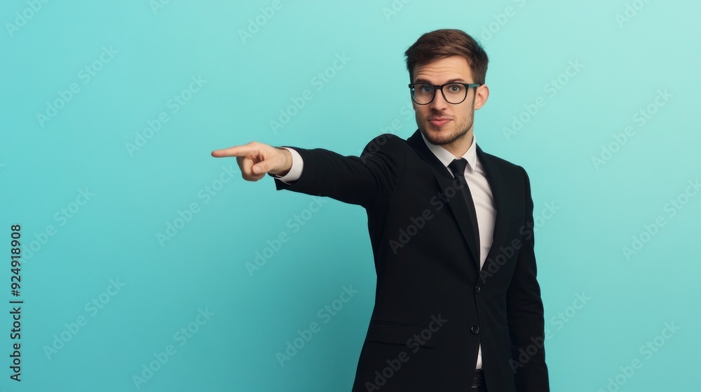 Young businessman in black suit pointing with glasses on Young businessman in black suit pointing with glasses on