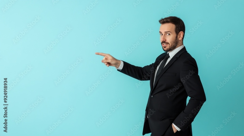Man pointing in a suit with a teal background Man pointing in a suit with a teal background