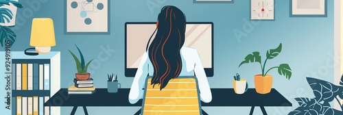 A stylized illustration depicting a woman with long hair working on a computer at a desk in a room filled with plants and organized decor. photo