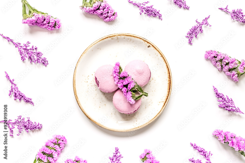 spring woman breakfast with macaroons and flowers white background top view spring woman breakfast with macaroons and flowers white background top view