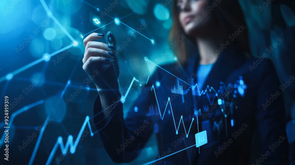Fototapeta premium Woman interacting with abstract financial data graph