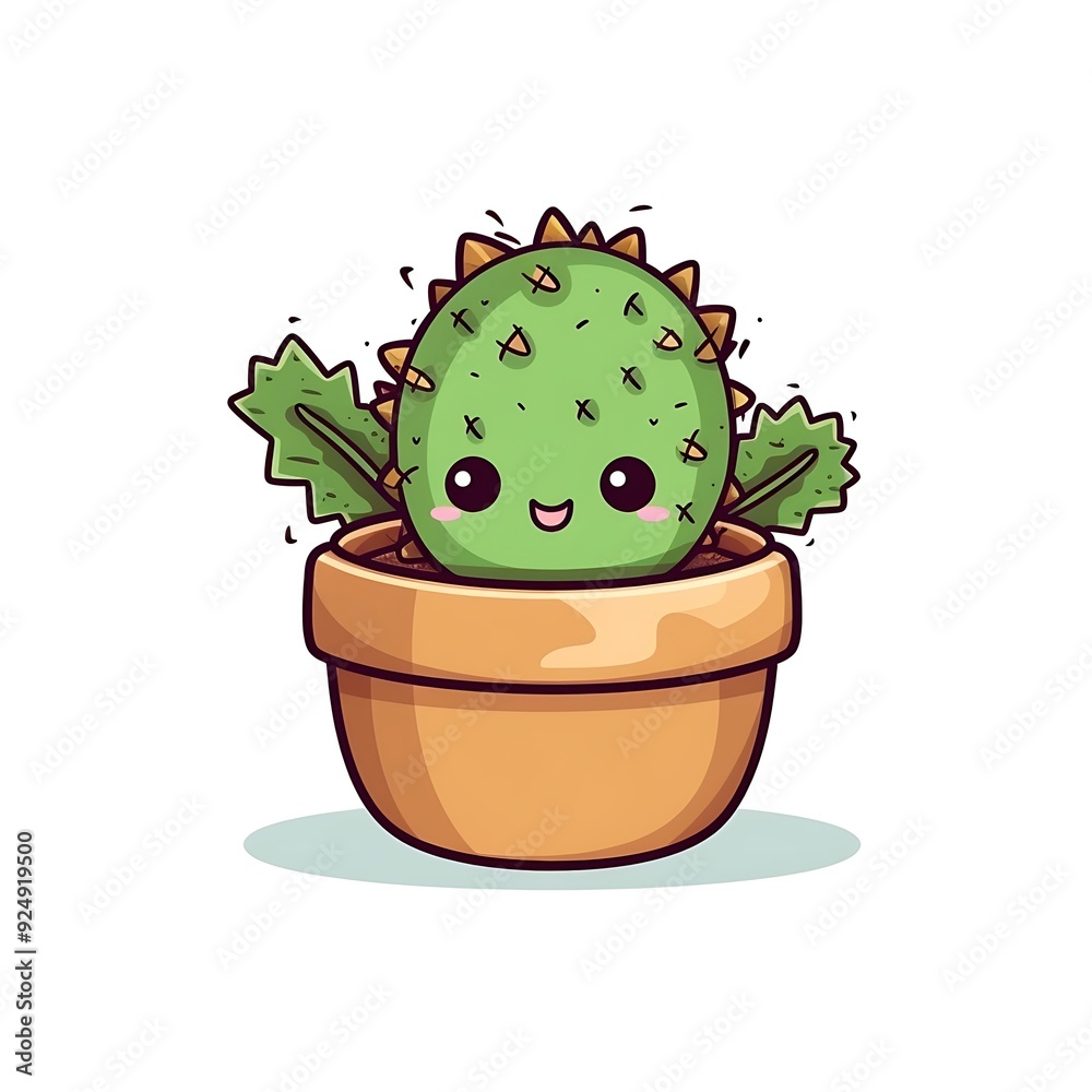 A cute smiling cactus in a terracotta pot with green spiky spines and two leaves A cute smiling cactus in a terracotta pot with green spiky spines and two leaves