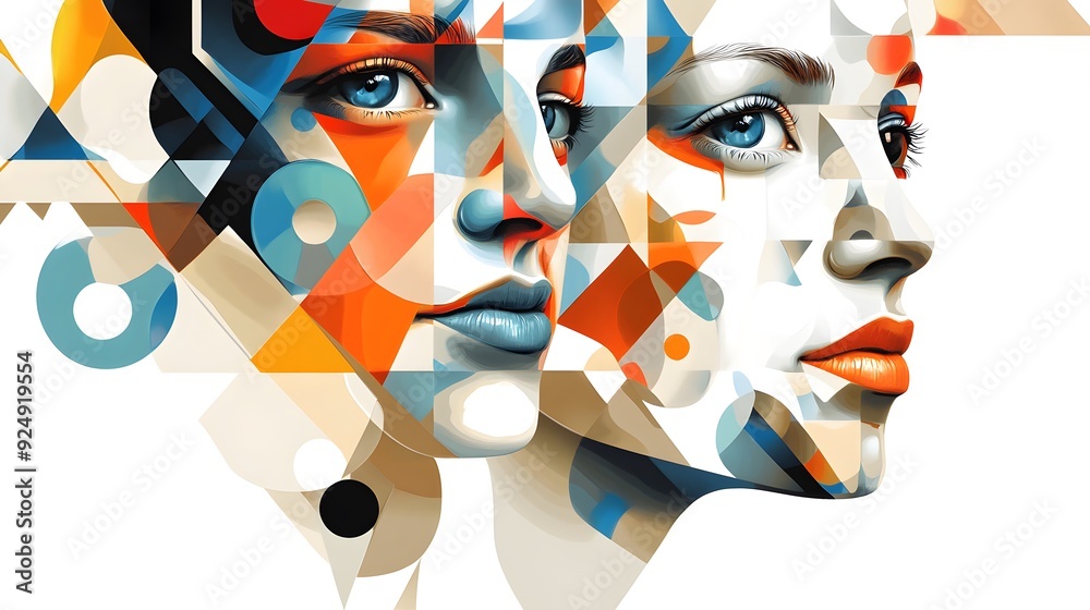 abstract geometric portrait featuring a male face on the right side and a female face on the left side. The faces are composed entirely of various geometr abstract geometric portrait featuring a male face on the right side and a female face on the left side. The faces are composed entirely of various geometr