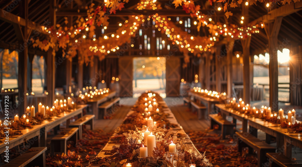 Obraz premium A wedding in a rustic barn, decorated with autumn leaves, candles, and warm lights. Generative AI.
