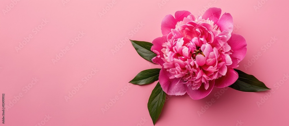 Pink peony flower on a pink background providing a holiday theme with a top down perspective ideal for incorporating text in the copy space image Pink peony flower on a pink background providing a holiday theme with a top down perspective ideal for incorporating text in the copy space image