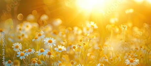 German Chamomile Matricaria Recutita blooming on the meadows with a sunset s ray highlighting the scene creating a picturesque copy space image photo